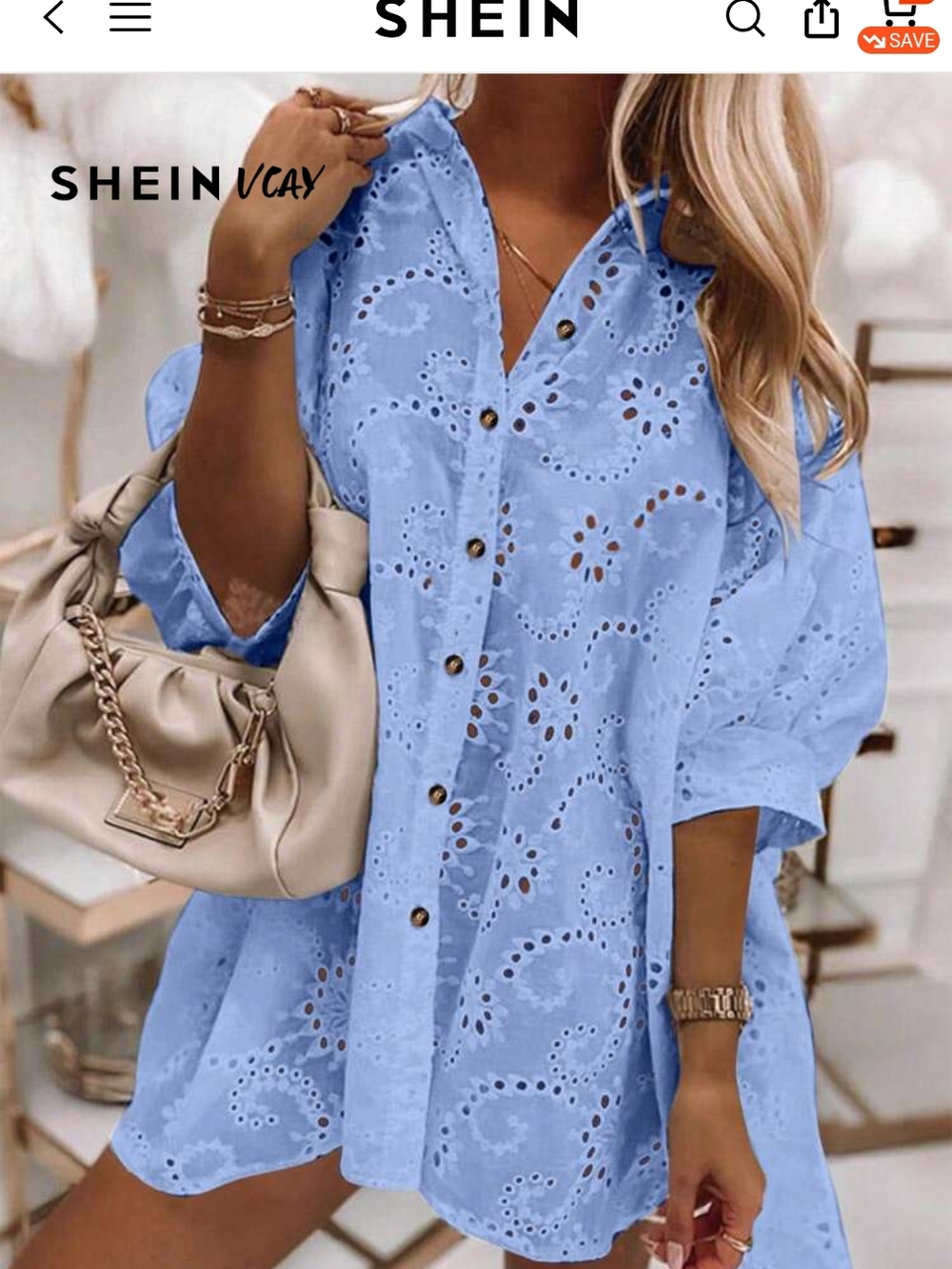 SHEIN Blue Embroidered Eyelet Button-Front Tunic Blouse